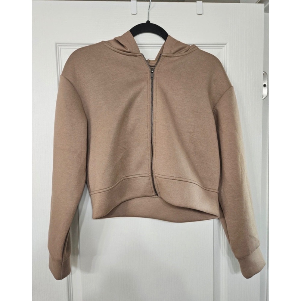 A New Day Womens Cropped Zip Up Hoodie Tan Brown XS Boxy Athleisure Sweatshirt
